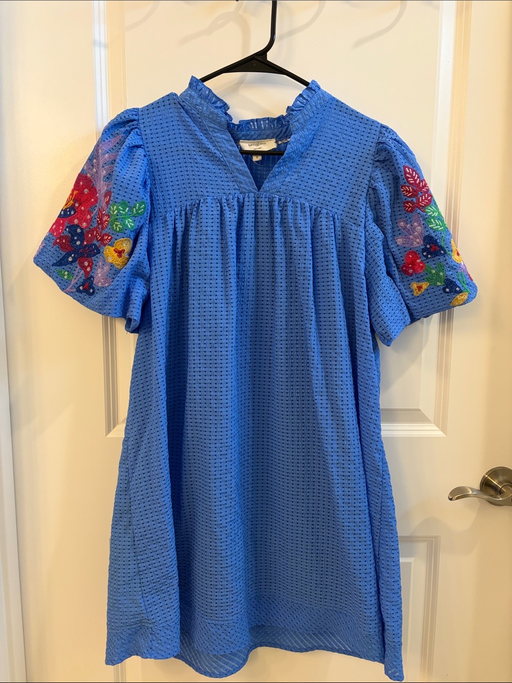 Umgee Blue Eyelet Dress with Multicolor Embroidered Puff Sleeves